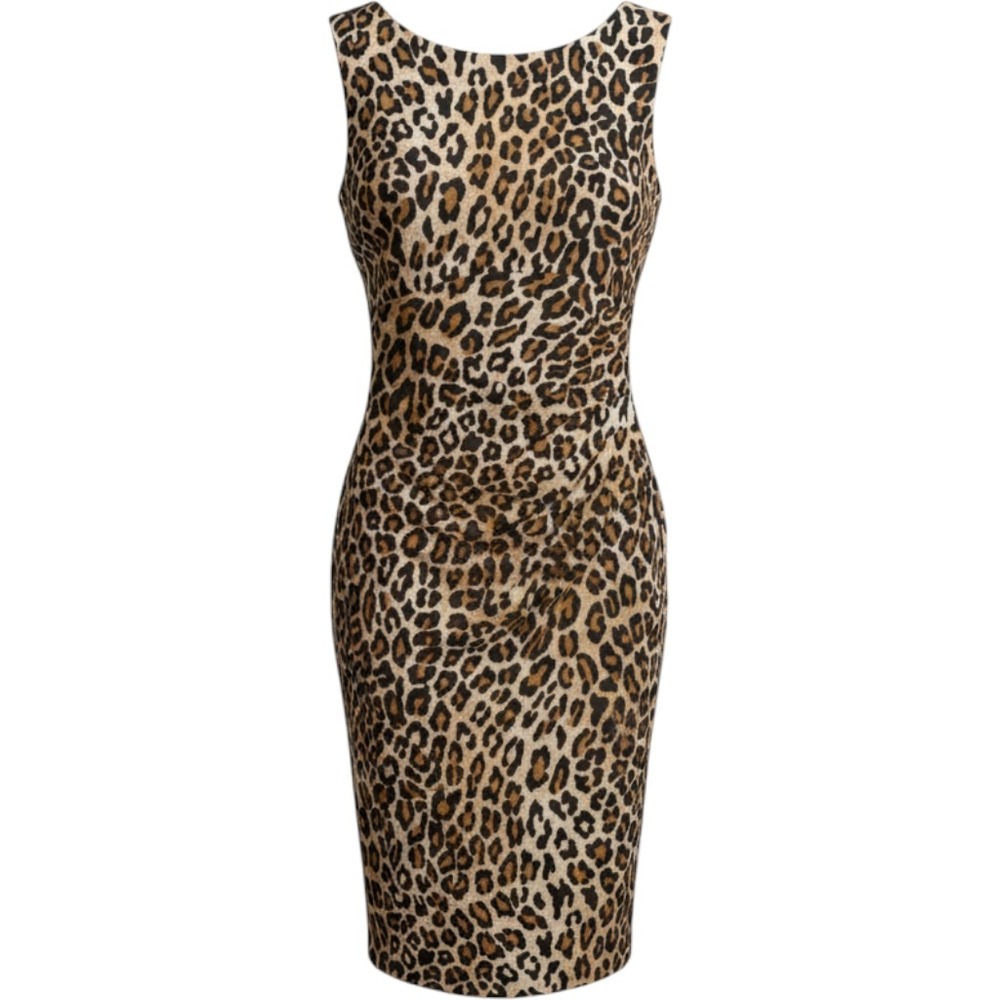 Vtg Cache Leopard Print Ruched Sheath Dress 12 Brown Black Sleeveless Dress